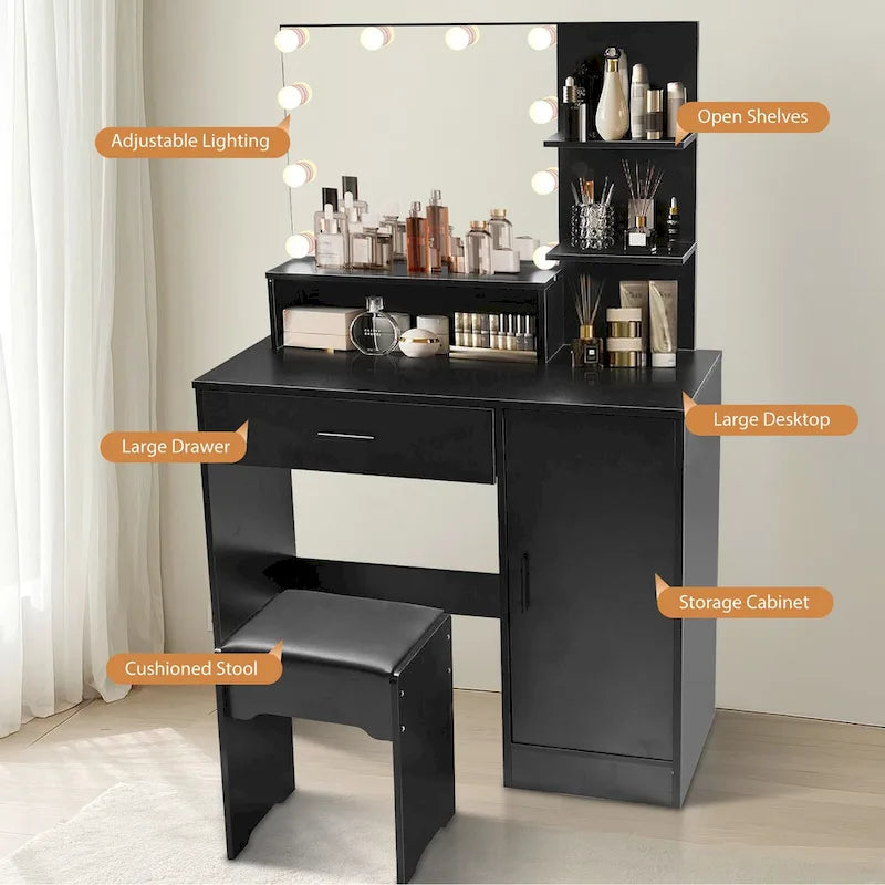 Vanity Desk with Mirror and Lights,with Drawer & Storage Cabinet,3 Lighting Modes Adjustable Brightness,with Open Shelves