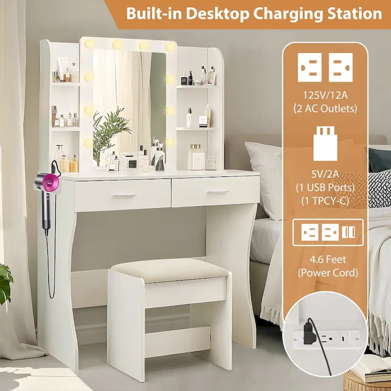 Vanity Desk with Mirror and Lights,with Drawer & Storage Cabinet,3 Lighting Modes Adjustable Brightness,with Open Shelves