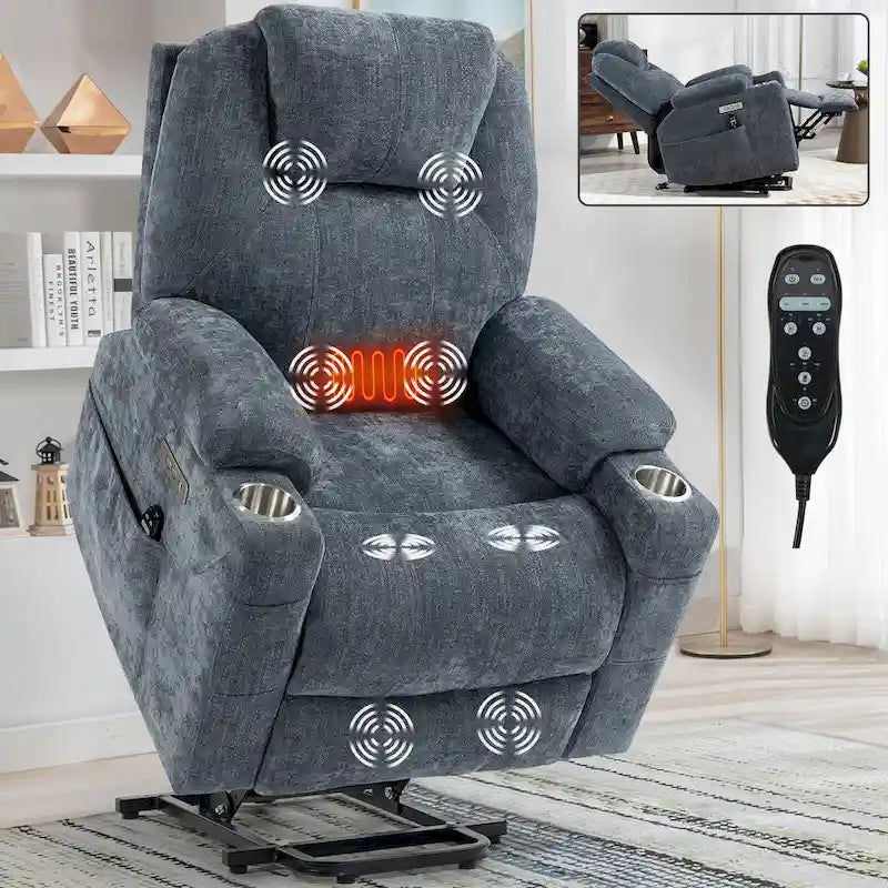 Lazy Boy Chenille Power Lift Recliner Chair, Modern Recliner Chair w/8-Point Vibration Massage, Lumbar Heating and Type-C Ports