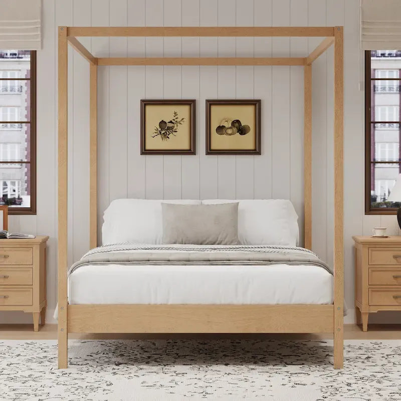 Canopy Bed Frame Wooden Four Poster Platform Bed with Wood Slats Support, No Box Spring Needed, No Headboard, Low Profile Bed
