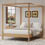 Canopy Bed Frame Wooden Four Poster Platform Bed with Wood Slats Support, No Box Spring Needed, No Headboard, Low Profile Bed