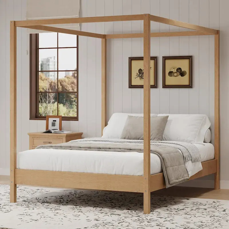 Canopy Bed Frame Wooden Four Poster Platform Bed with Wood Slats Support, No Box Spring Needed, No Headboard, Low Profile Bed