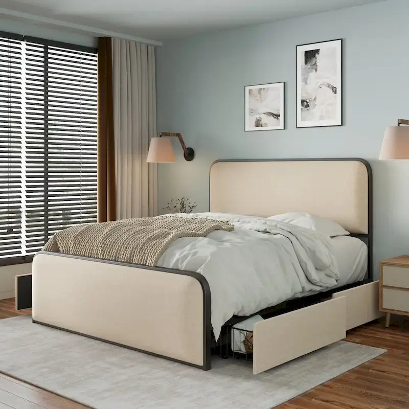 Beige Upholstered Bed Frame with Curved Headboard Footboard, Metal Slat Support Low Profile Platform Bed, Wingback Panel Bed
