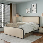 Beige Upholstered Bed Frame with Curved Headboard Footboard, Metal Slat Support Low Profile Platform Bed, Wingback Panel Bed