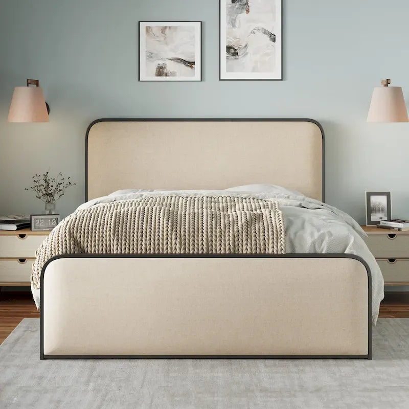 Beige Upholstered Bed Frame with Curved Headboard Footboard, Metal Slat Support Low Profile Platform Bed, Wingback Panel Bed