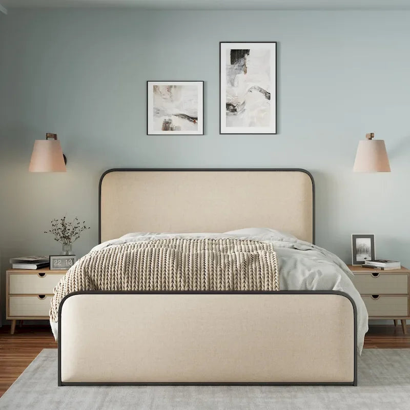 Beige Upholstered Bed Frame with Curved Headboard Footboard, Metal Slat Support Low Profile Platform Bed, Wingback Panel Bed