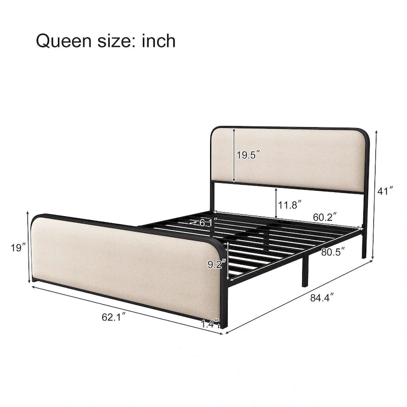 Beige Upholstered Bed Frame with Curved Headboard Footboard, Metal Slat Support Low Profile Platform Bed, Wingback Panel Bed