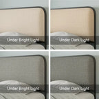 Beige Upholstered Bed Frame with Curved Headboard Footboard, Metal Slat Support Low Profile Platform Bed, Wingback Panel Bed