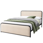Beige Upholstered Bed Frame with Curved Headboard Footboard, Metal Slat Support Low Profile Platform Bed, Wingback Panel Bed