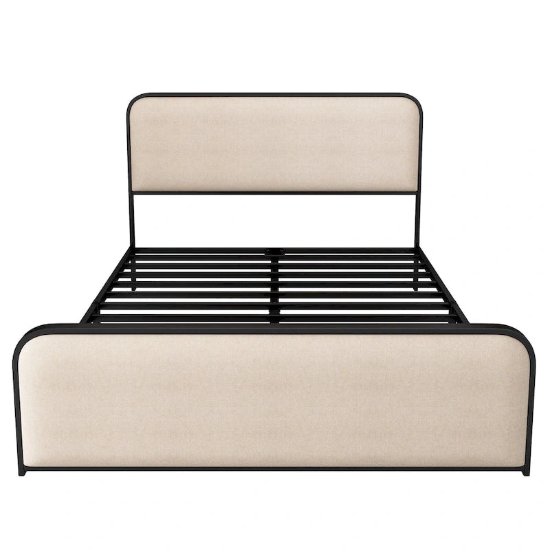 Beige Upholstered Bed Frame with Curved Headboard Footboard, Metal Slat Support Low Profile Platform Bed, Wingback Panel Bed