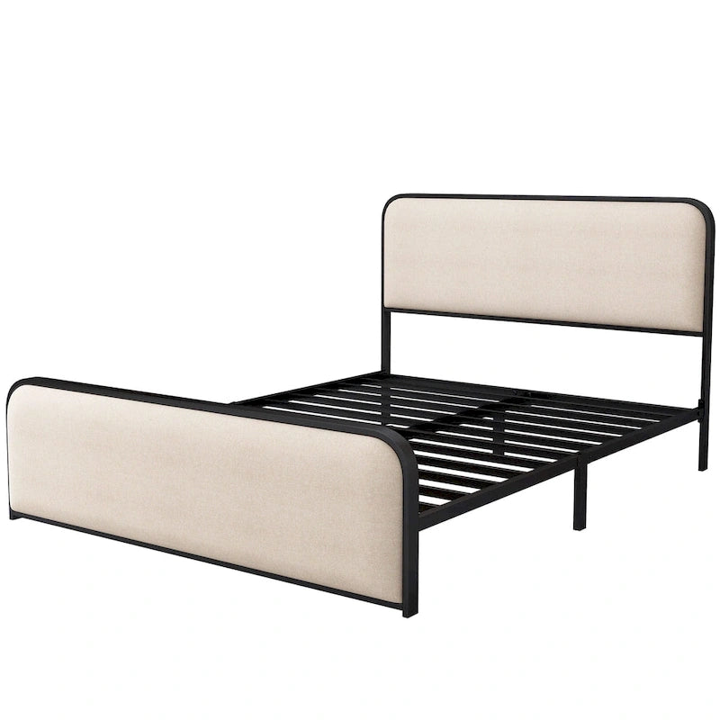 Beige Upholstered Bed Frame with Curved Headboard Footboard, Metal Slat Support Low Profile Platform Bed, Wingback Panel Bed