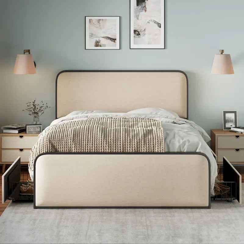 Beige Upholstered Bed Frame with Curved Headboard Footboard, Metal Slat Support Low Profile Platform Bed, Wingback Panel Bed