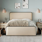 Beige Upholstered Bed Frame with Curved Headboard Footboard, Metal Slat Support Low Profile Platform Bed, Wingback Panel Bed