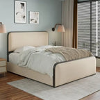 Beige Upholstered Bed Frame with Curved Headboard Footboard, Metal Slat Support Low Profile Platform Bed, Wingback Panel Bed