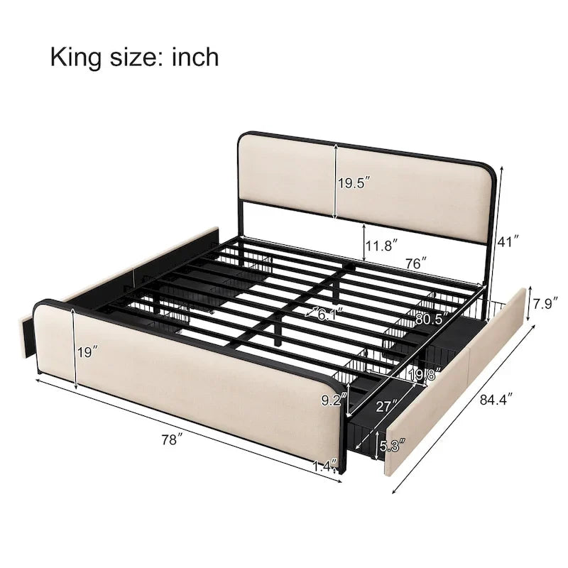 Beige Upholstered Bed Frame with Curved Headboard Footboard, Metal Slat Support Low Profile Platform Bed, Wingback Panel Bed