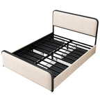 Beige Upholstered Bed Frame with Curved Headboard Footboard, Metal Slat Support Low Profile Platform Bed, Wingback Panel Bed