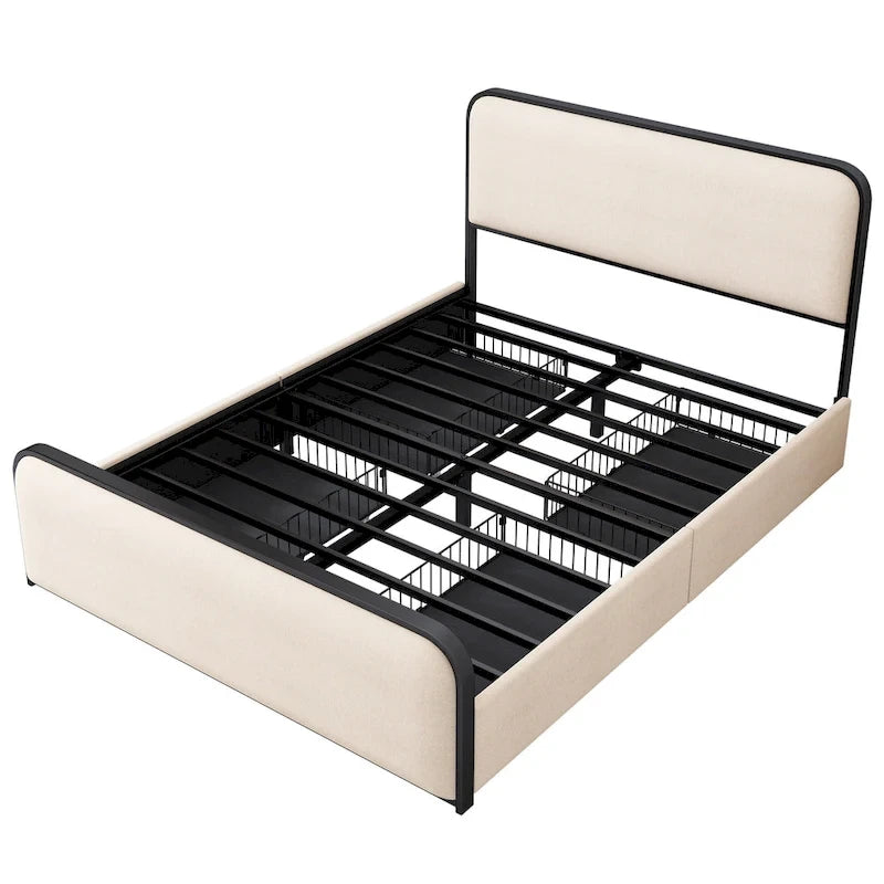 Beige Upholstered Bed Frame with Curved Headboard Footboard, Metal Slat Support Low Profile Platform Bed, Wingback Panel Bed