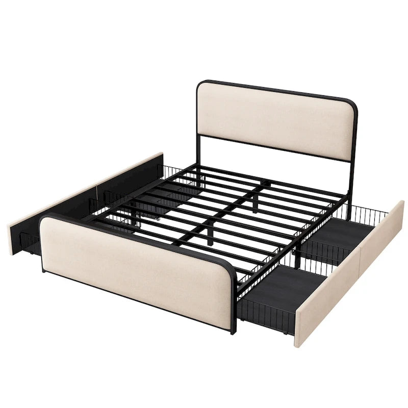 Beige Upholstered Bed Frame with Curved Headboard Footboard, Metal Slat Support Low Profile Platform Bed, Wingback Panel Bed