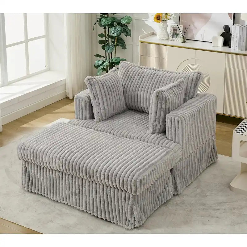 Oversized Corduroy Reclining Chair Deep Seat Armchair Single Thickened Upholstered Sofa with Pillow and Ottoman