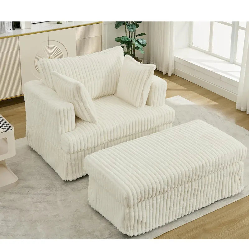 Oversized Corduroy Reclining Chair Deep Seat Armchair Single Thickened Upholstered Sofa with Pillow and Ottoman