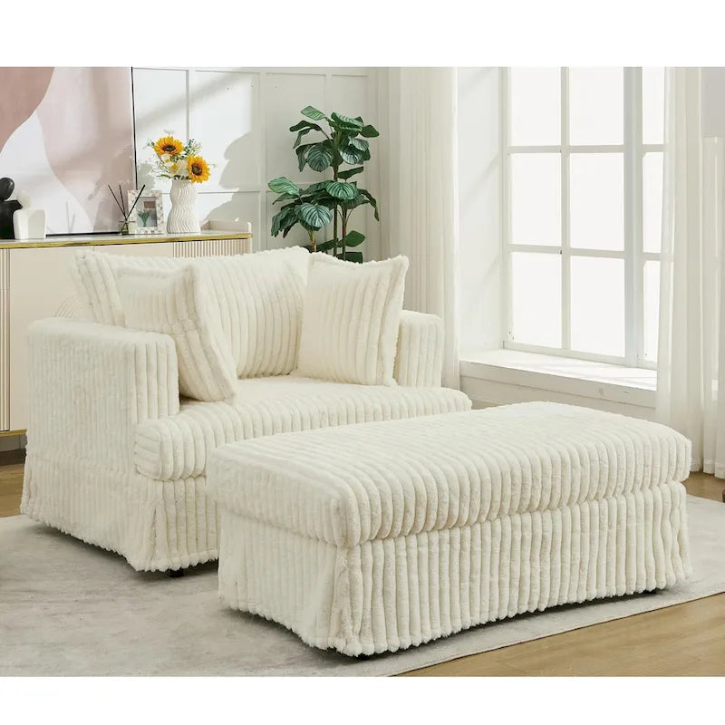 Oversized Corduroy Reclining Chair Deep Seat Armchair Single Thickened Upholstered Sofa with Pillow and Ottoman
