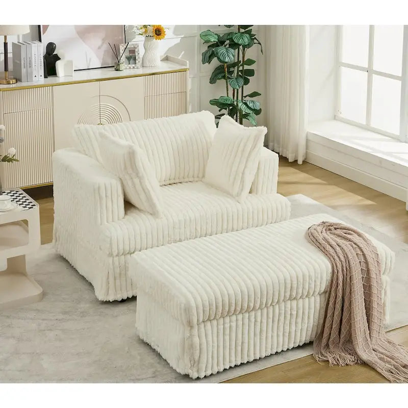 Oversized Corduroy Reclining Chair Deep Seat Armchair Single Thickened Upholstered Sofa with Pillow and Ottoman