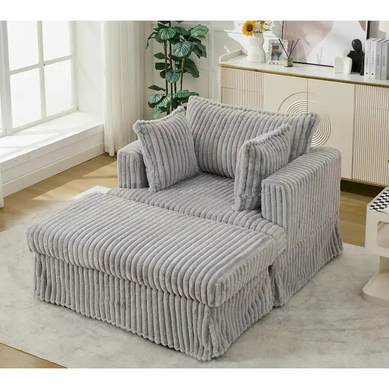 Oversized Corduroy Reclining Chair Deep Seat Armchair Single Thickened Upholstered Sofa with Pillow and Ottoman