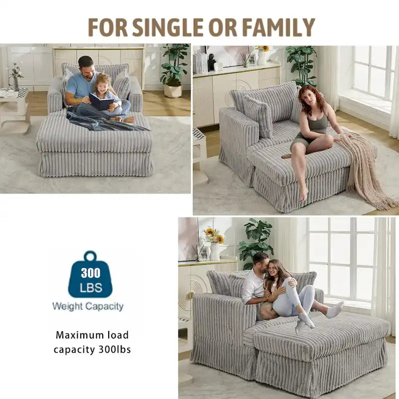 Oversized Corduroy Reclining Chair Deep Seat Armchair Single Thickened Upholstered Sofa with Pillow and Ottoman