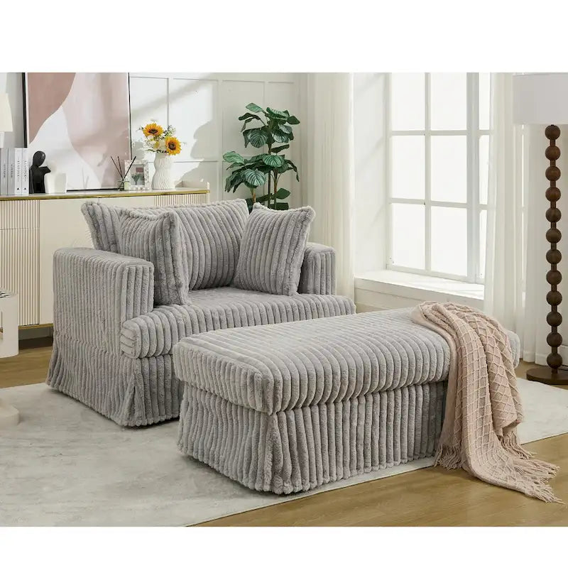 Oversized Corduroy Reclining Chair Deep Seat Armchair Single Thickened Upholstered Sofa with Pillow and Ottoman