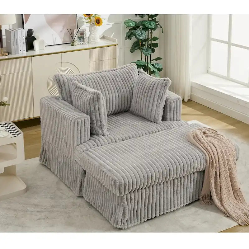 Oversized Corduroy Reclining Chair Deep Seat Armchair Single Thickened Upholstered Sofa with Pillow and Ottoman