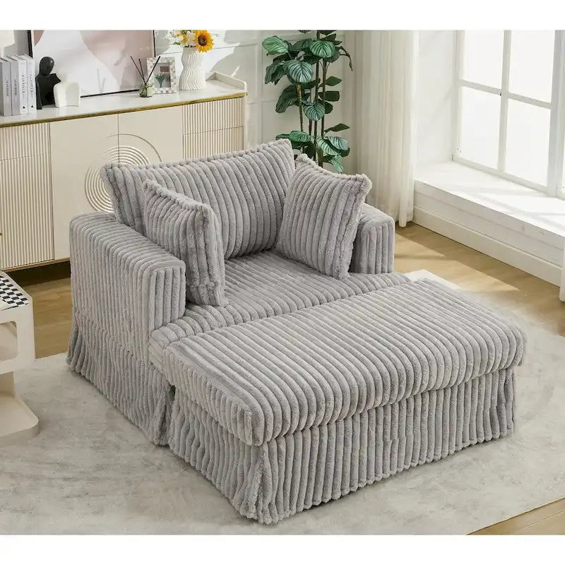 Oversized Corduroy Reclining Chair Deep Seat Armchair Single Thickened Upholstered Sofa with Pillow and Ottoman