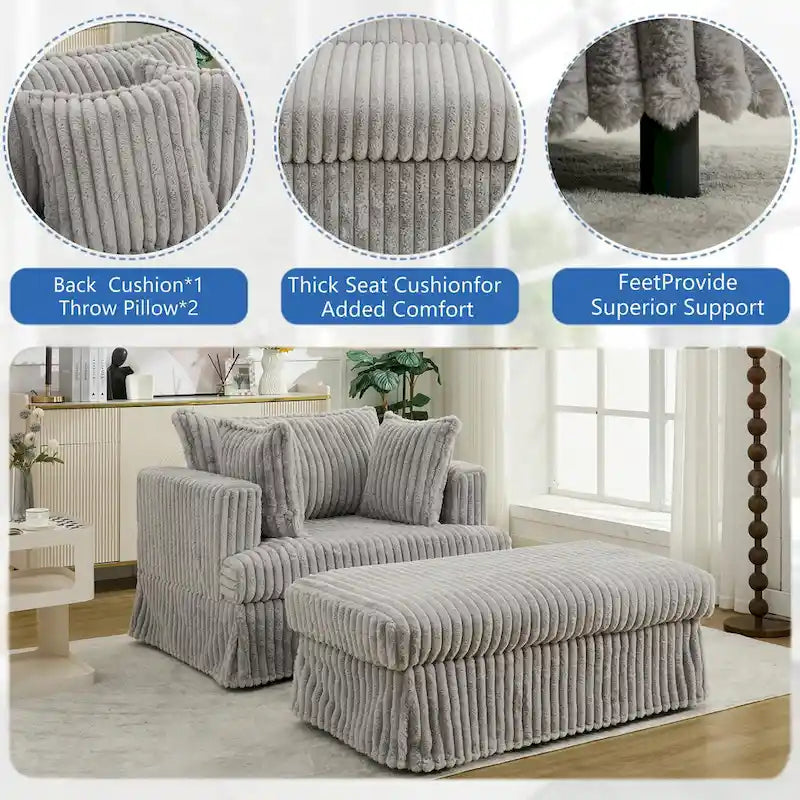 Oversized Corduroy Reclining Chair Deep Seat Armchair Single Thickened Upholstered Sofa with Pillow and Ottoman