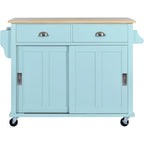 Wood Folding Kitchen Island on Wheels with Adjustable Shelf Storage Cabinet and 2 Drawers, Concealed Sliding Barn Door