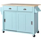 Wood Folding Kitchen Island on Wheels with Adjustable Shelf Storage Cabinet and 2 Drawers, Concealed Sliding Barn Door