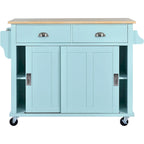 Wood Folding Kitchen Island on Wheels with Adjustable Shelf Storage Cabinet and 2 Drawers, Concealed Sliding Barn Door