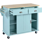 Wood Folding Kitchen Island on Wheels with Adjustable Shelf Storage Cabinet and 2 Drawers, Concealed Sliding Barn Door