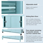 Wood Folding Kitchen Island on Wheels with Adjustable Shelf Storage Cabinet and 2 Drawers, Concealed Sliding Barn Door