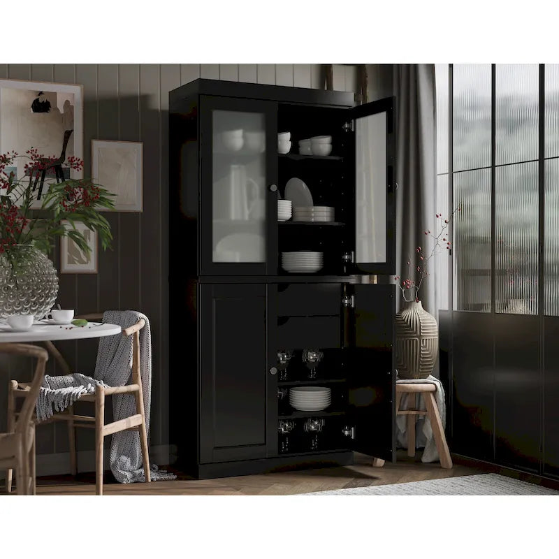 Palace Imports 100% Solid Wood Pantry Cabinet with Frosted Glass Doors, Solid Doors, 2-Drawers and Adjustable Shelves