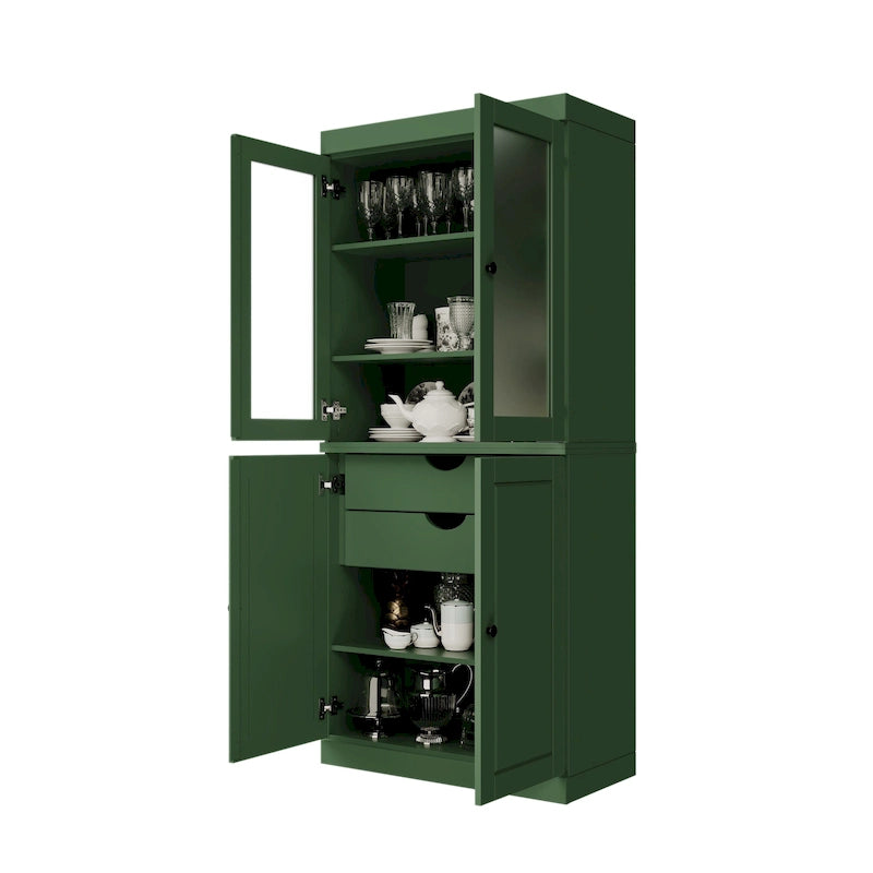 Palace Imports 100% Solid Wood Pantry Cabinet with Frosted Glass Doors, Solid Doors, 2-Drawers and Adjustable Shelves