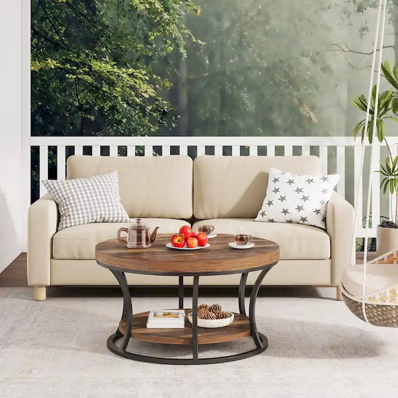 Round Coffee Table, 2-Tier Center Table with Storage Open Shelves