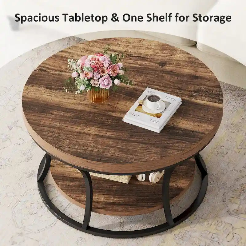 Round Coffee Table, 2-Tier Center Table with Storage Open Shelves
