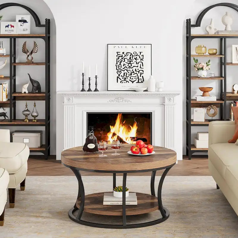 Round Coffee Table, 2-Tier Center Table with Storage Open Shelves