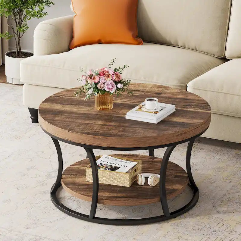 Round Coffee Table, 2-Tier Center Table with Storage Open Shelves