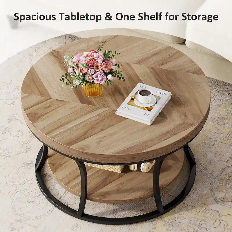 Round Coffee Table, 2-Tier Center Table with Storage Open Shelves