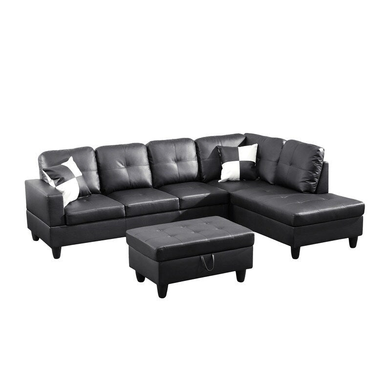 Sleek 3-Piece Black Faux Leather Couch Set, Modern Elegance for Your Living Room