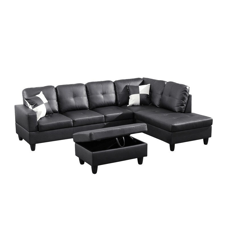 Sleek 3-Piece Black Faux Leather Couch Set, Modern Elegance for Your Living Room