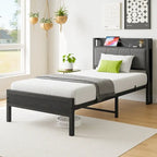 Grey Metal & Wood Twin Platform Bed Frame with Storage Headboard and Charging Station
