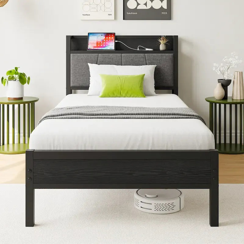 Grey Metal & Wood Twin Platform Bed Frame with Storage Headboard and Charging Station