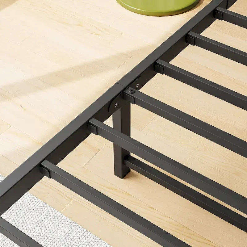 Grey Metal & Wood Twin Platform Bed Frame with Storage Headboard and Charging Station