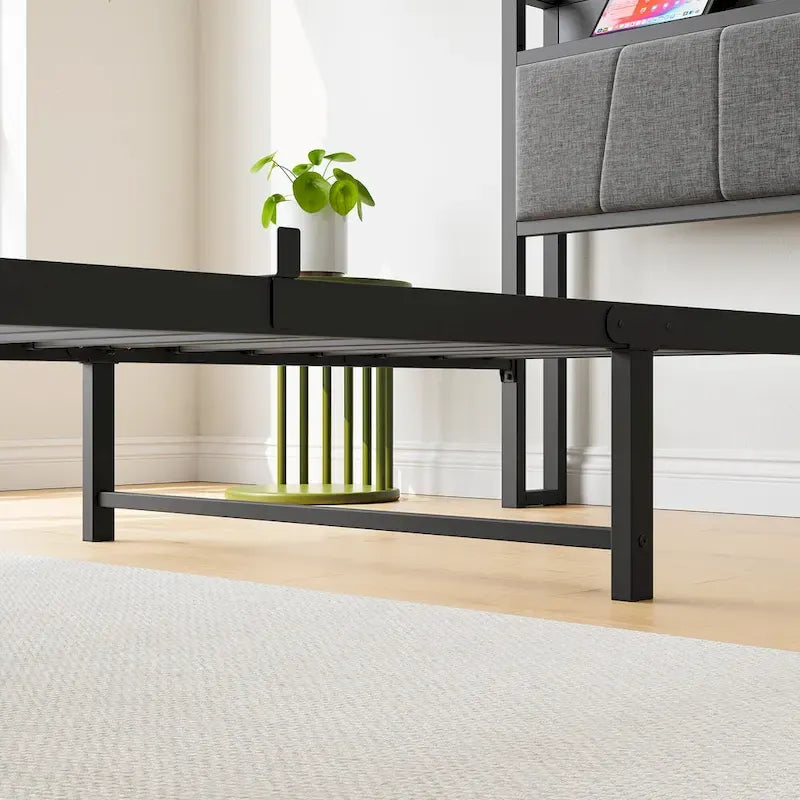 Grey Metal & Wood Twin Platform Bed Frame with Storage Headboard and Charging Station